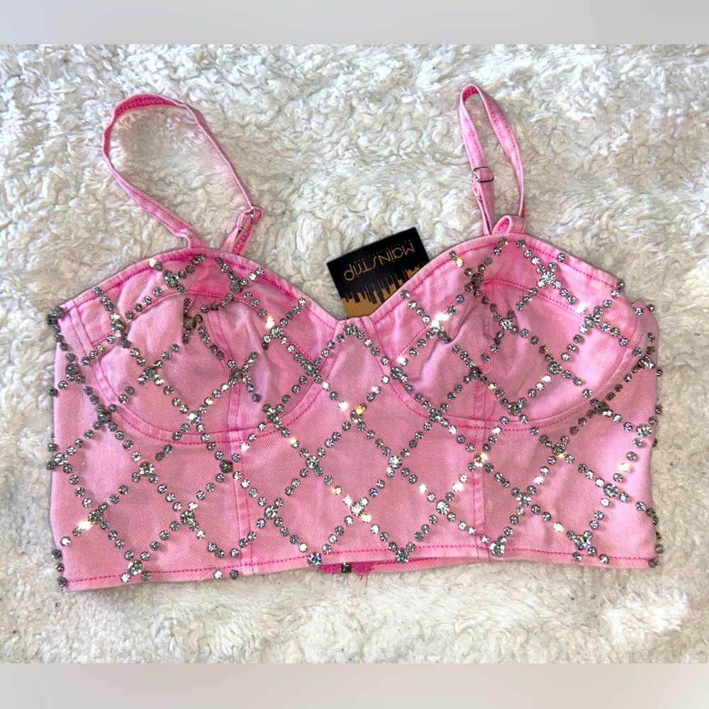 Main Strip Pink Crop Top with Silver Accents